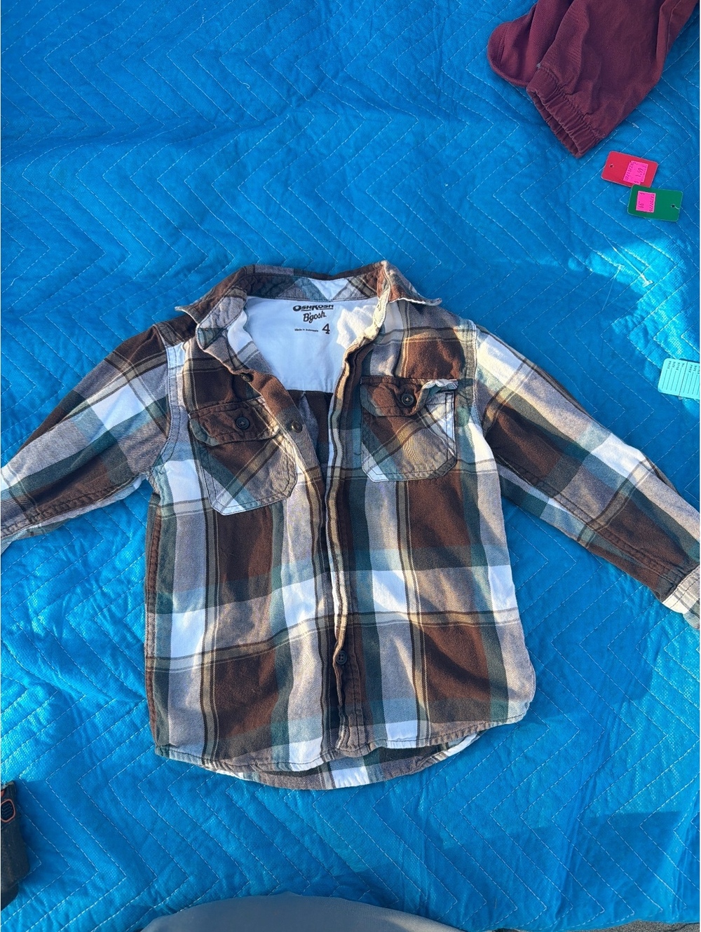 OshKosh B'gosh Plaid Flannel Button Down Shirt Brown Teal Cream Kid's Size 4
